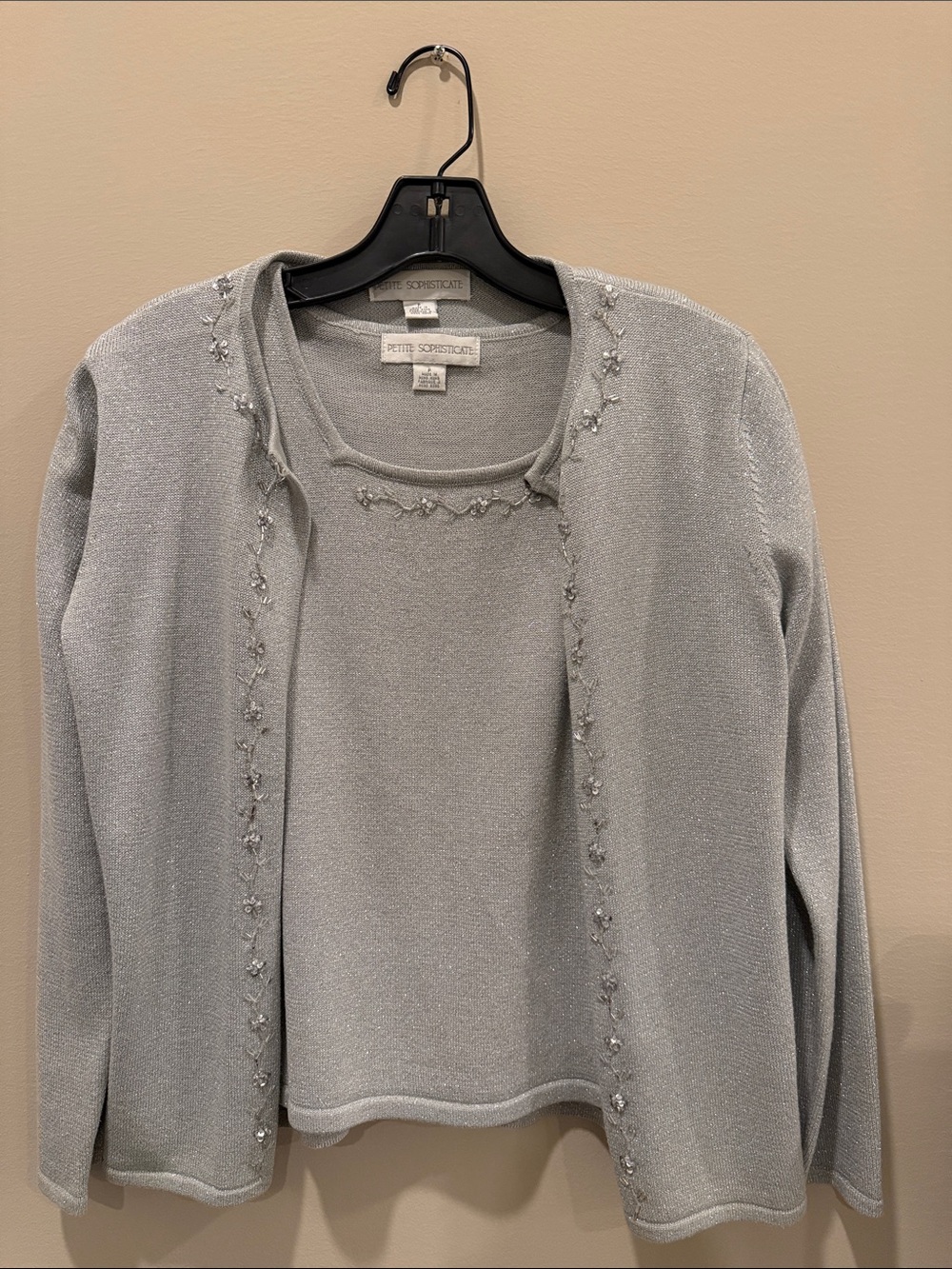Petite Sophisticate Light Silver Beaded Twinset Sweater